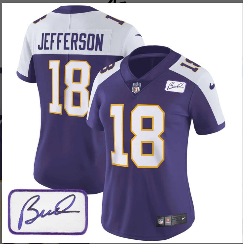 Women Minnesota Vikings #18 Jefferson Bud Grant Patch Classic Limited 2024 NFL Nike purple jerseys